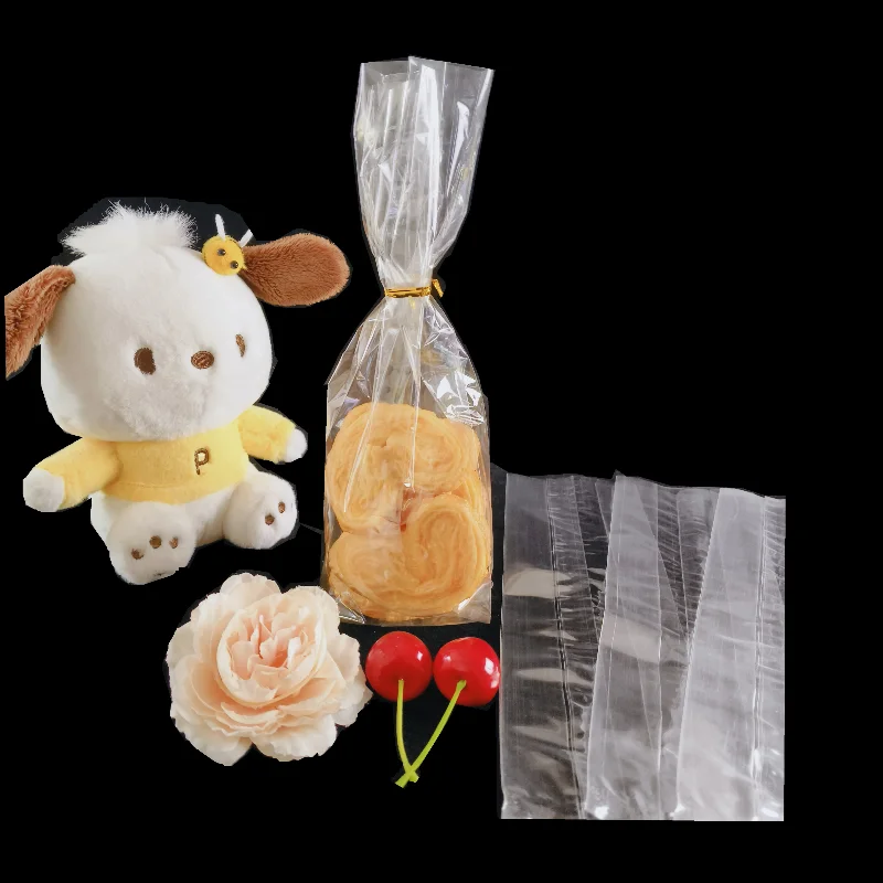 Customized Design OPP Cellophane Transparent Middle Sealed Plastic Bag With Side Gusset Candy Biscuit Food Gold Ties Packing Bag