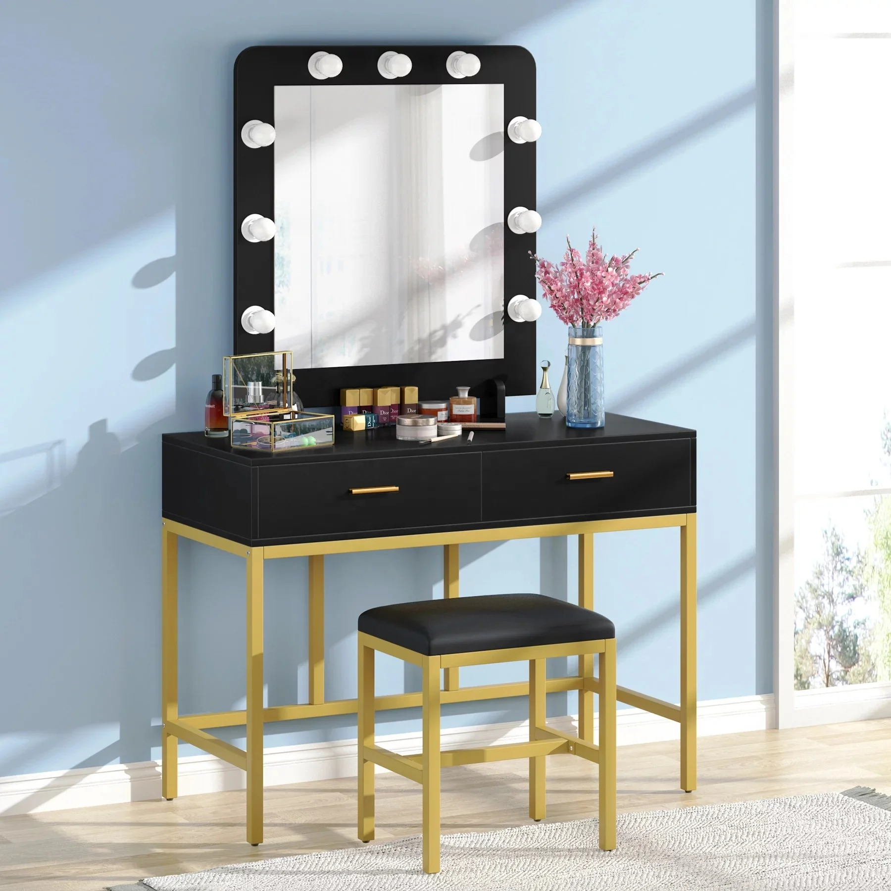 NOVA Light Luxury Bedroom Furniture Black Vanity Table With LED Bulbs Mirror Modern Girls Room Dressing Desk With Stool