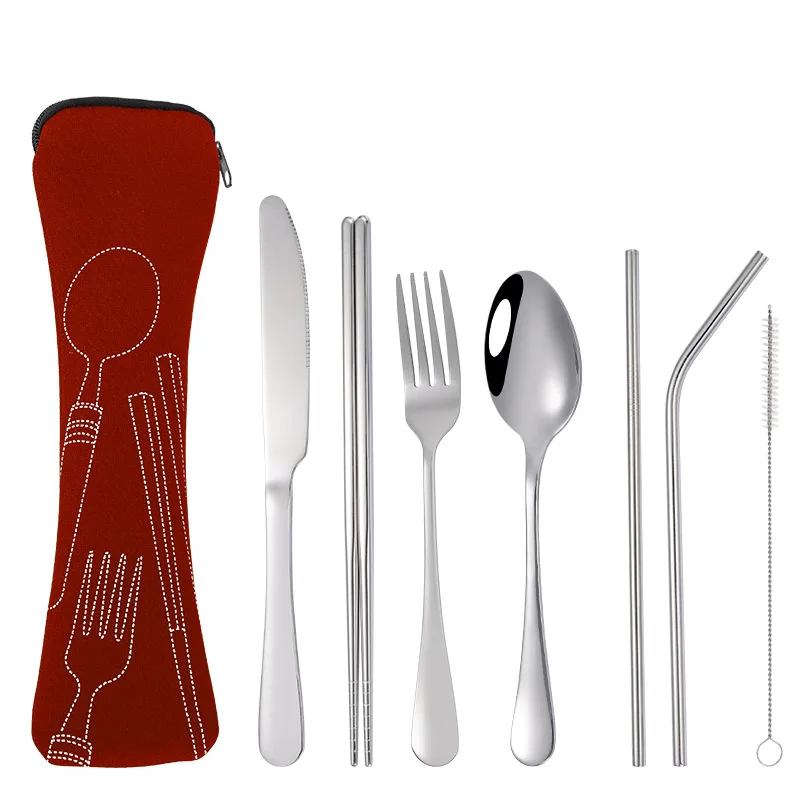 7 Pieces Stainless Steel Tableware Cutlery Set Outdoor Picnic Travel Cutlery Set with Case
