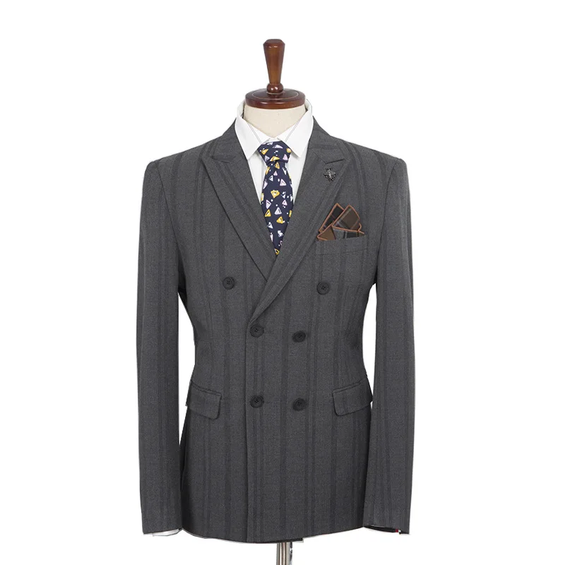 Men's leisure suit suit three-piece striped double-breasted small suit slim fit young men's wedding dress
