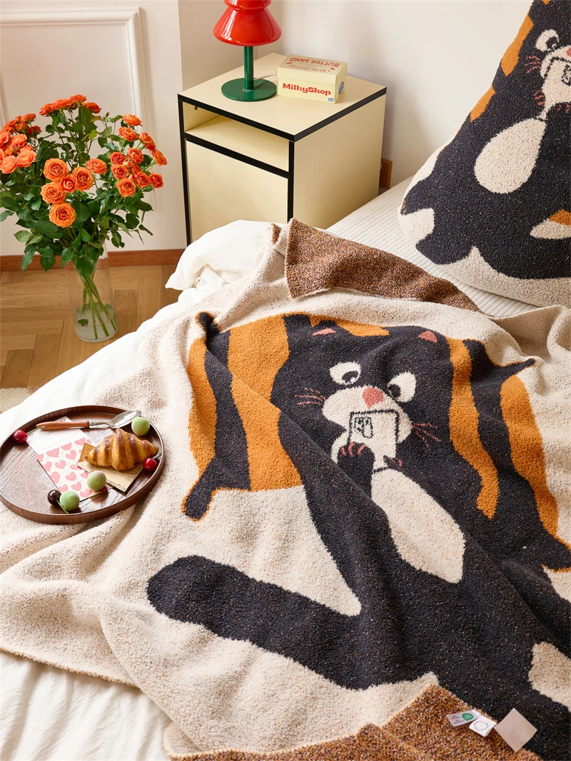 product accept custom 100polyester cute cat jacquard knitted throw blanket for home decoration gift  microfiber blanket oeko tex  lgl-60