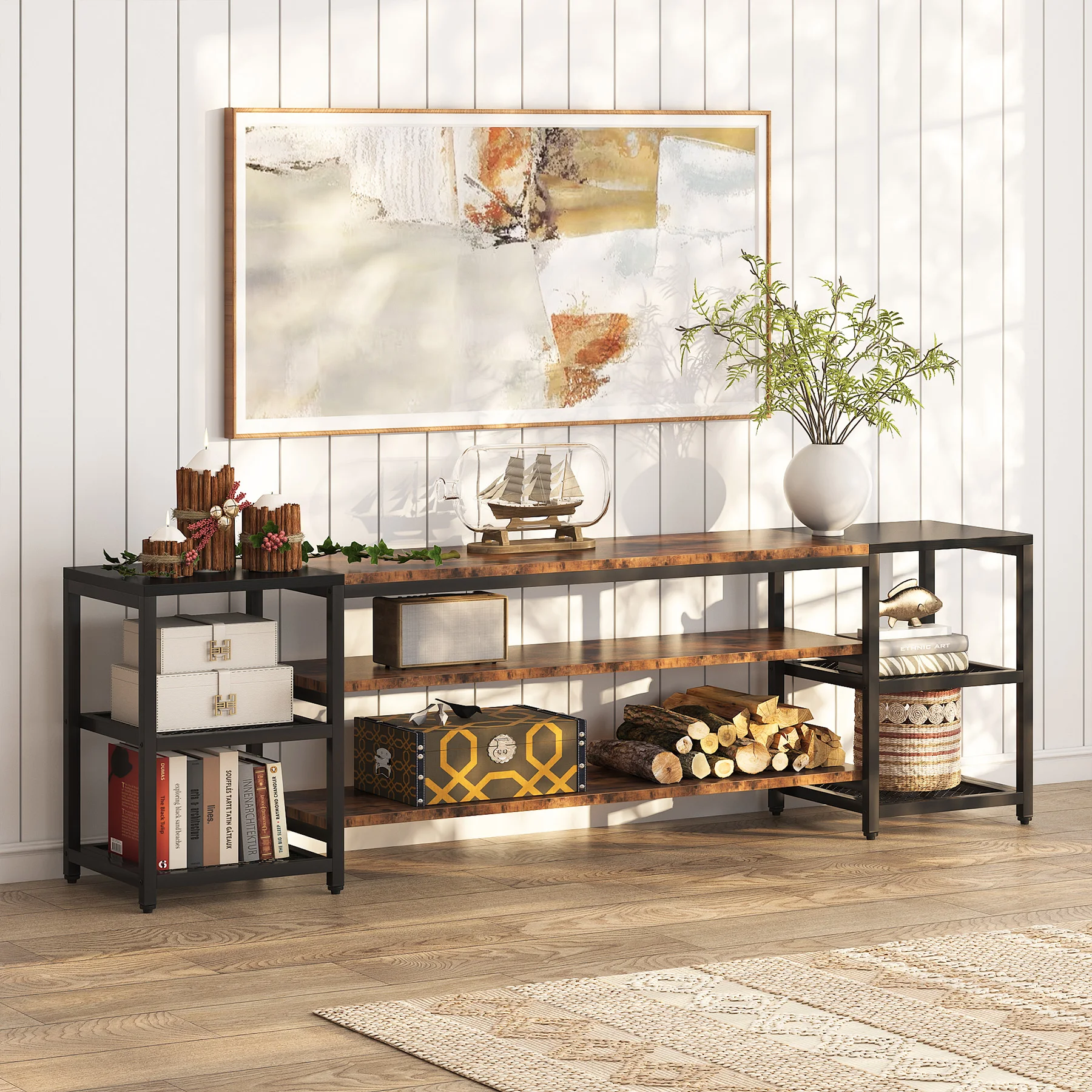 Tribesigns 2023 Antique Style TV Stand with 3 Tier Storage Shelves Accommodate TVs up to 85'' for Living Room