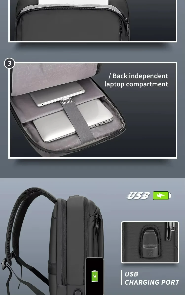 USB Charger Mobile Power Bank Large Capacity Business Travel Laptop Backpack Flat Back Bag