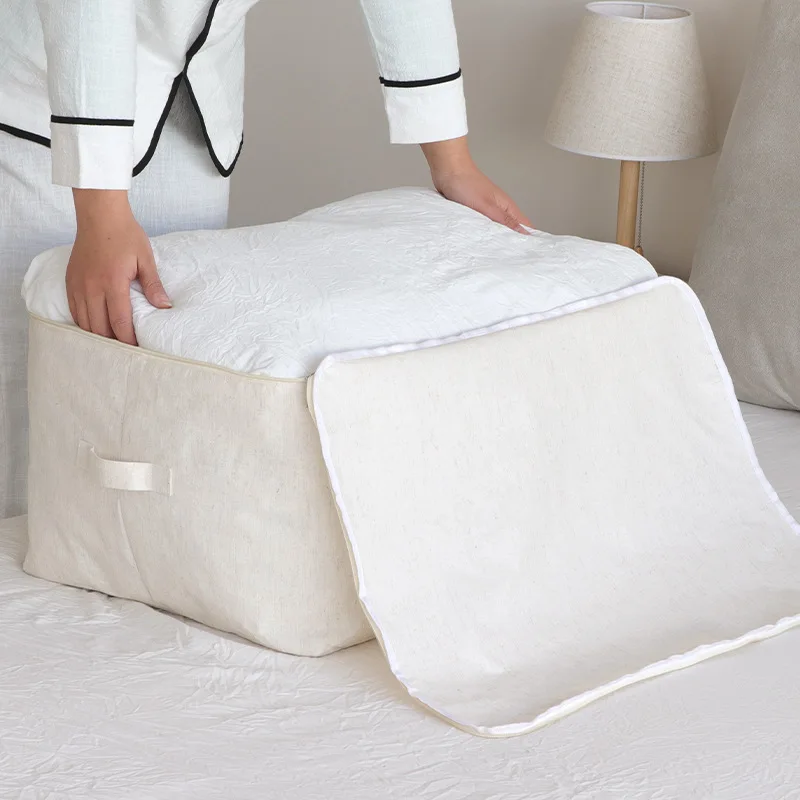FF292 Foldable Clothes Bedding Storage Organizer with Sturdy Handle Cotton Linen Comforter Zipper Storage Bag
