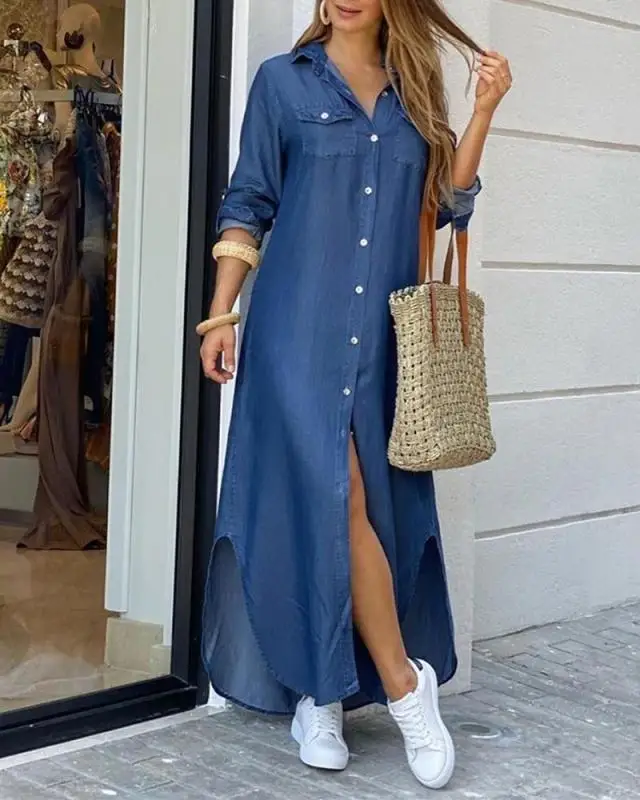 Women Denim Shirt Dresses Long Sleeve Distressed Jean Dress Button Down Casual Tunic Top manufacture
