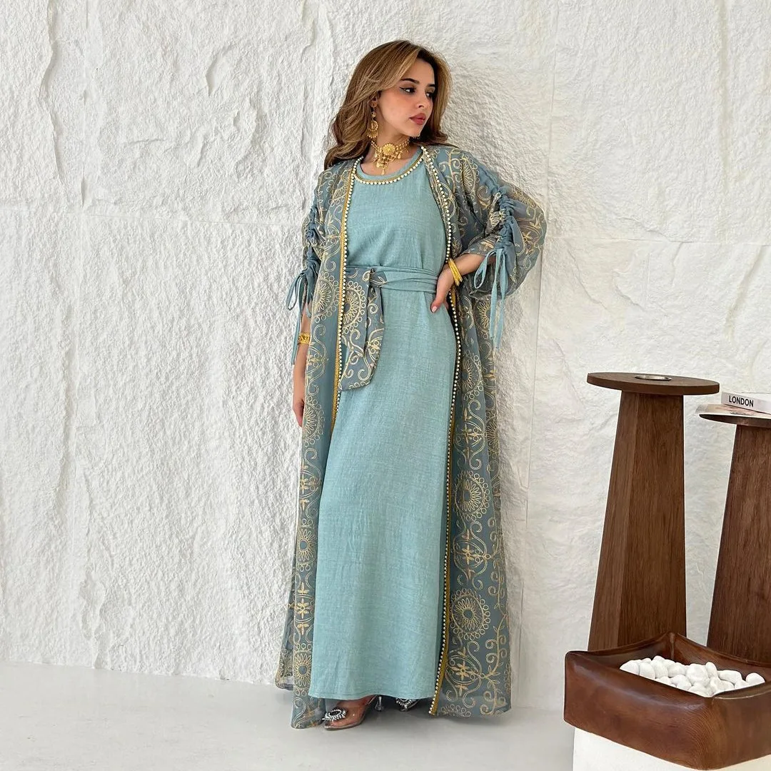 2025 Eid Ramadan Muslim Abayas for Women Dubai Party 2 Piece Sets Abaya Cardigan Robe Embroidery Lace up Dress Morocco Kaftan factory