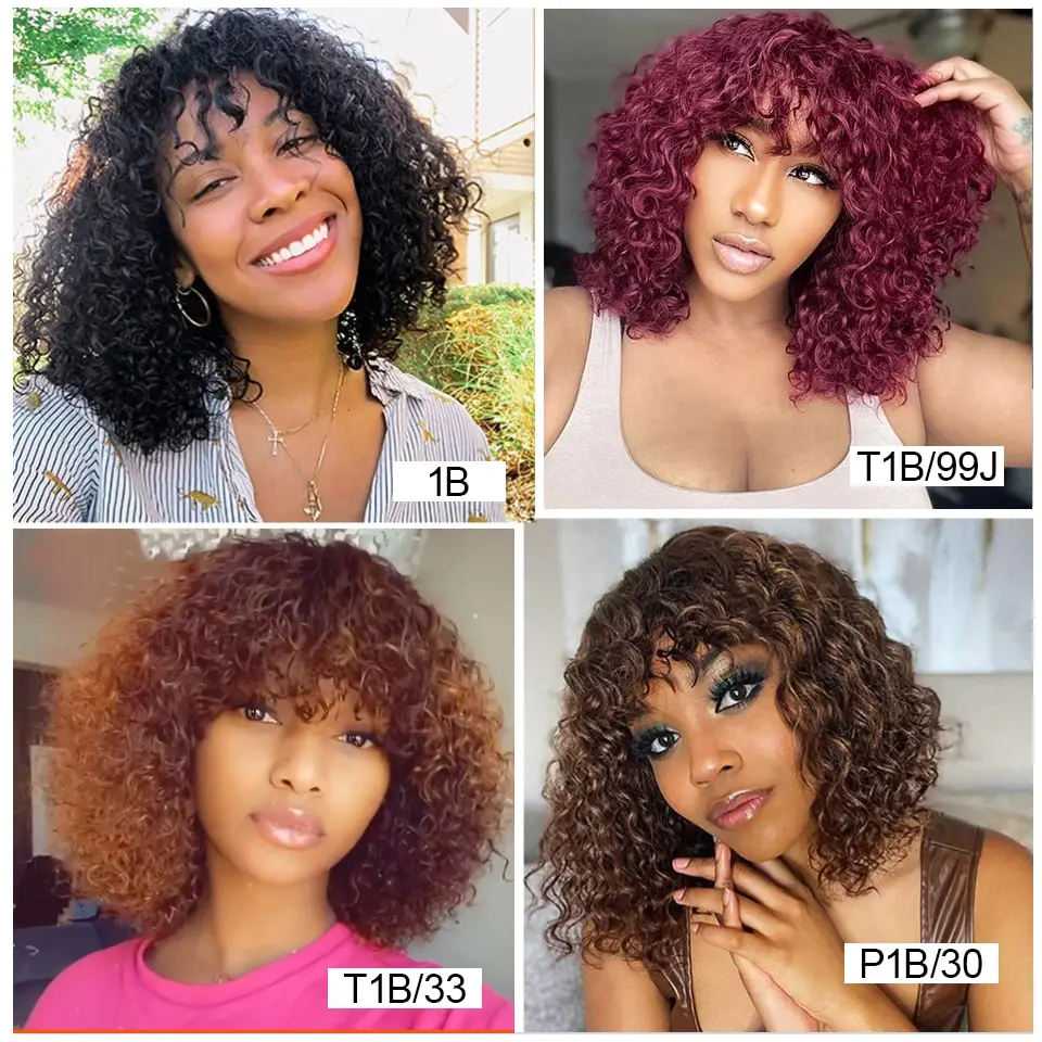Remy Full Machine Made 99J Colored Short 180D Straight Brazilian Human Hair Bob Wigs with Bangs for Women Highlight Burgundy