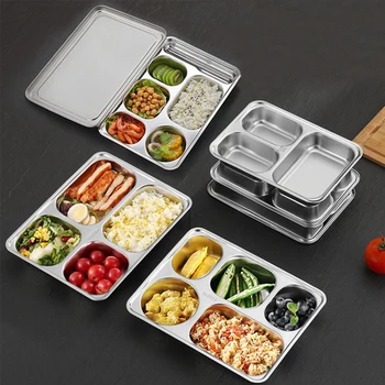 IKITCHEN 4 5 Compartment 18/8 Stainless Steel Plates Divide Food Lunch Plates Fast Food Box Container Tray For School