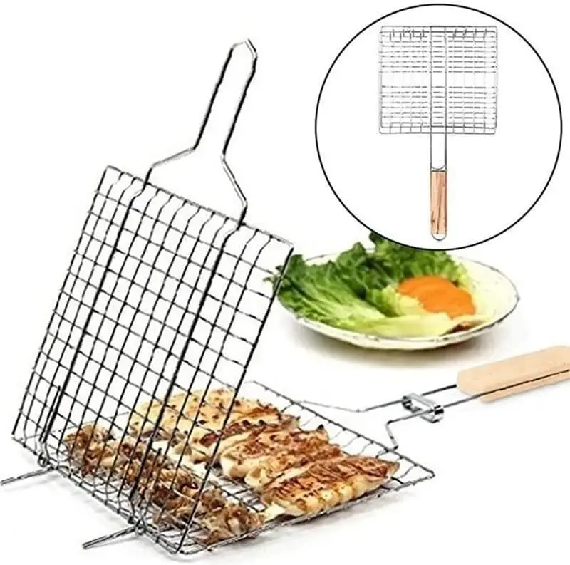 Portable Folding Stainless Steel Fish Grilling Basket Kamado Kabob Grilling Baskets Accessories Smoker Grill or Oven