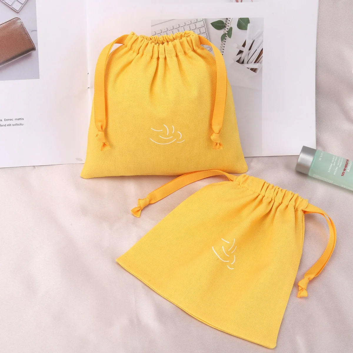 Custom Logo Printed Cotton Linen Drawstring Bag Recyclable Muslin Gift Cosmetic Jewelry Packaging Pouch