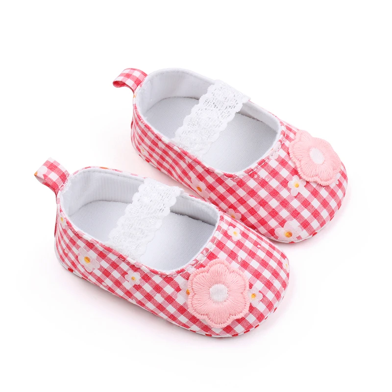 Fresh Plaid Solid Cute Little Flower Lace Elastic Baby Girls Princess Soft Soled Toddler Shoes details