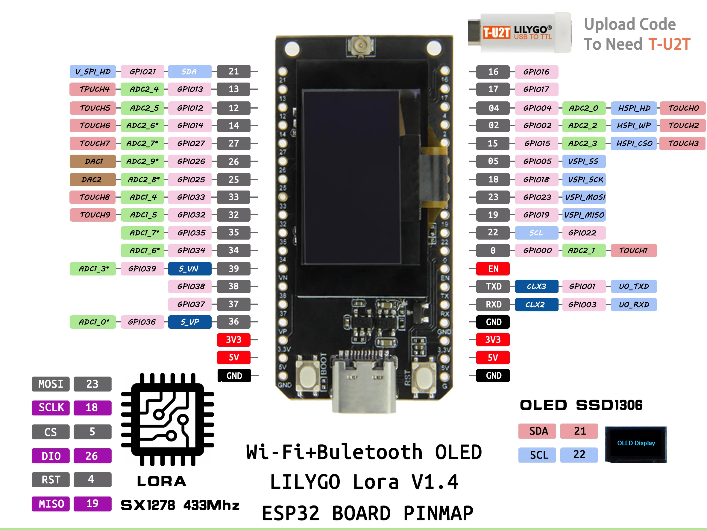 Lora V1.4 Esp32 Sx1278 433mhz Wireless Module 0.96 Oled Wifi Bt ...