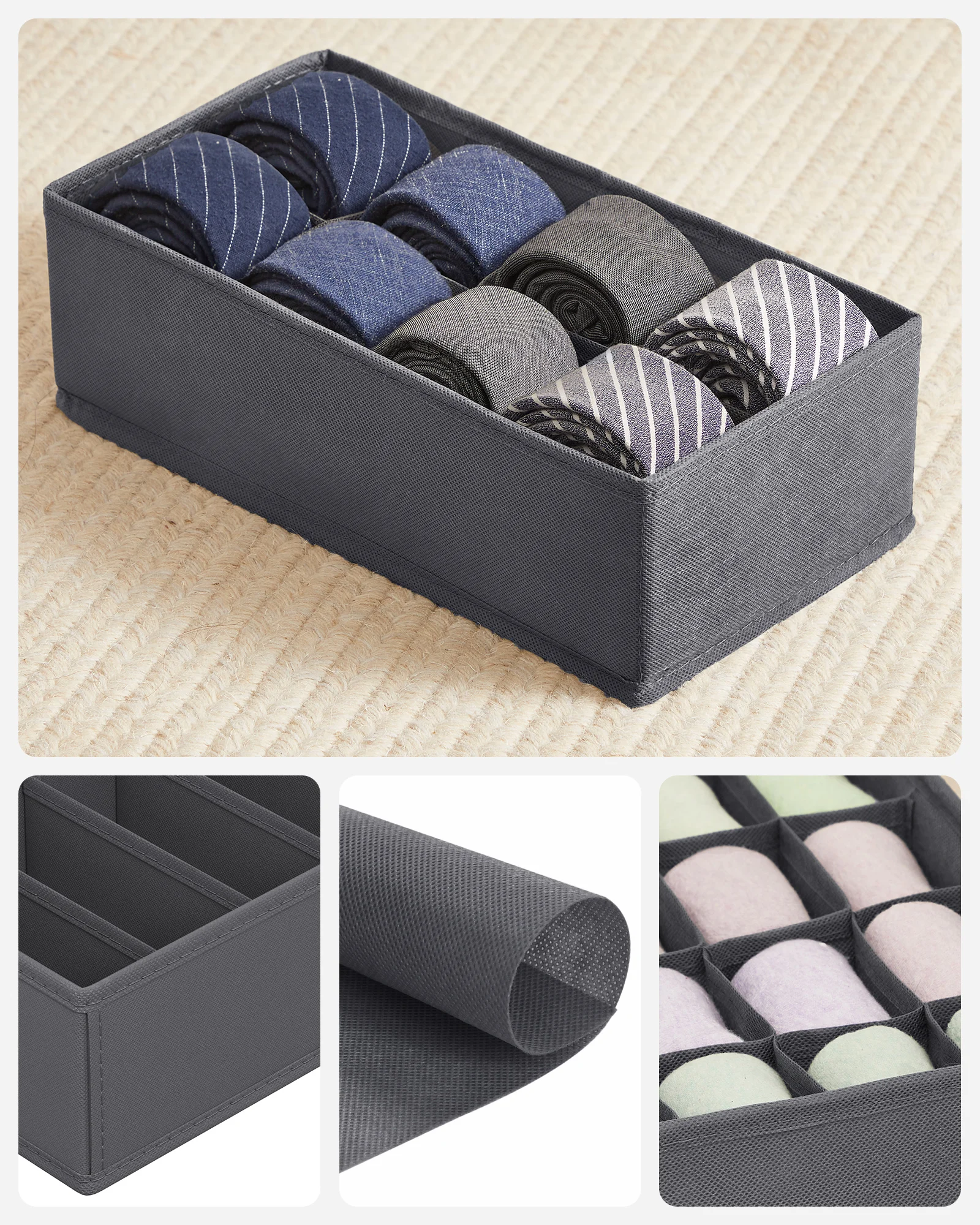 SONGMICS Wardrobe Organiser for Bras Socks Ties and Scarves Set of 4 Underwear Drawer Organiser Foldable Fabric Storage Boxes