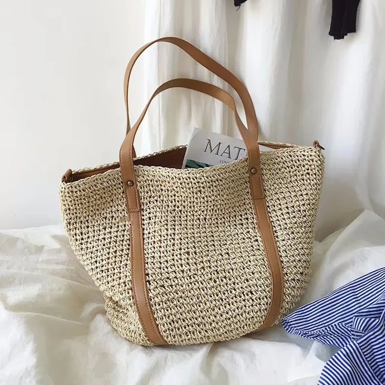 eco friendly Summer Beach Tote Bag Large Capacity Straw Bags Handmade Woven Shoulder Bag Women Handbags