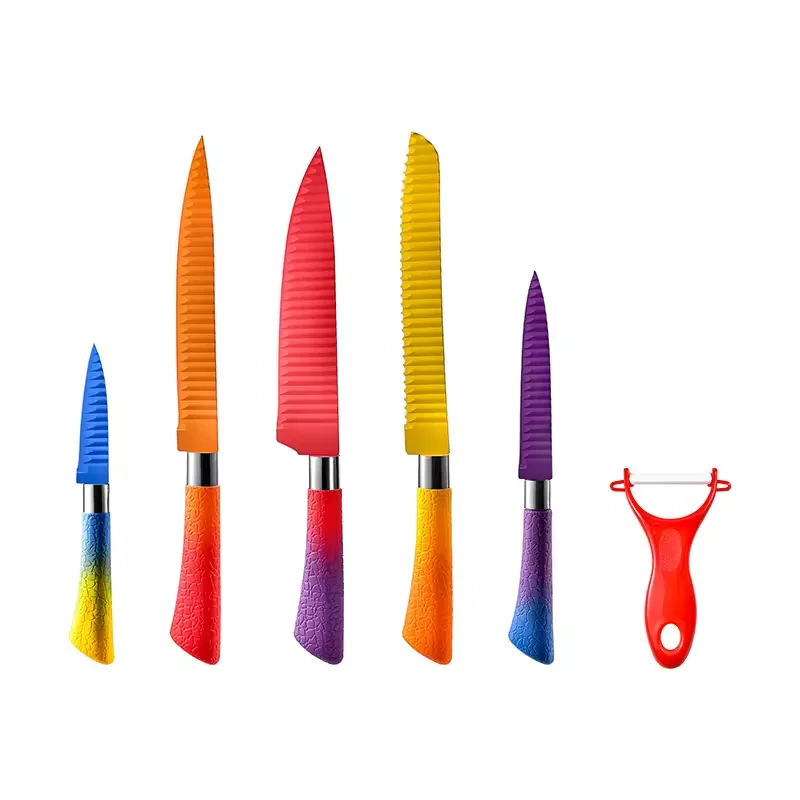 6Pcs Colorful Stainless Steel Non-stick Kitchen Knife Sets Wavy Pattern Multifunctional Knife with Color Box