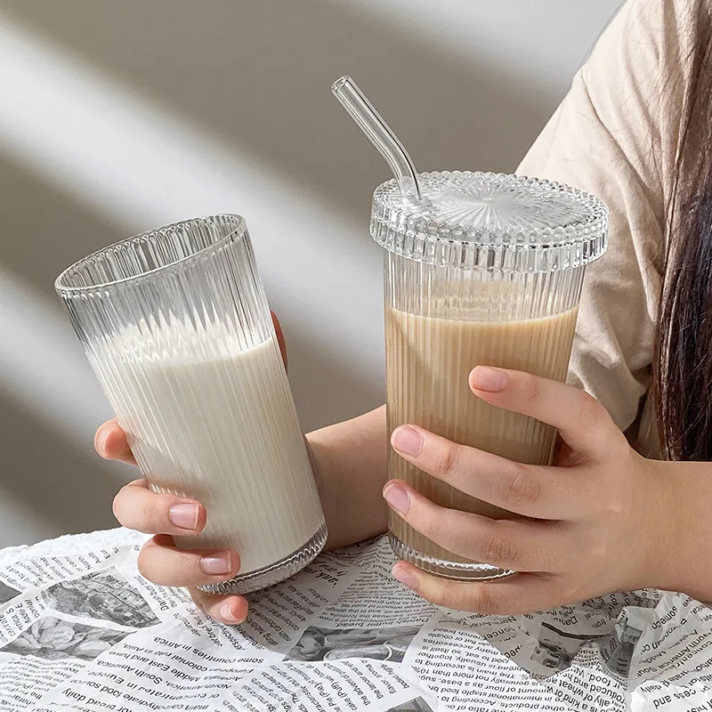 Best Gift Custom Ribbed Simple Vertical Stripe Glass Ice Coffee Tea Milk Mug Tumblers Cups With Lids And Straws