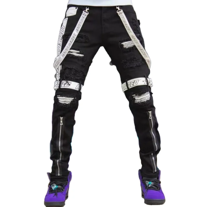 Ribbon Jeans,Holes,Small Feet,Zippers 