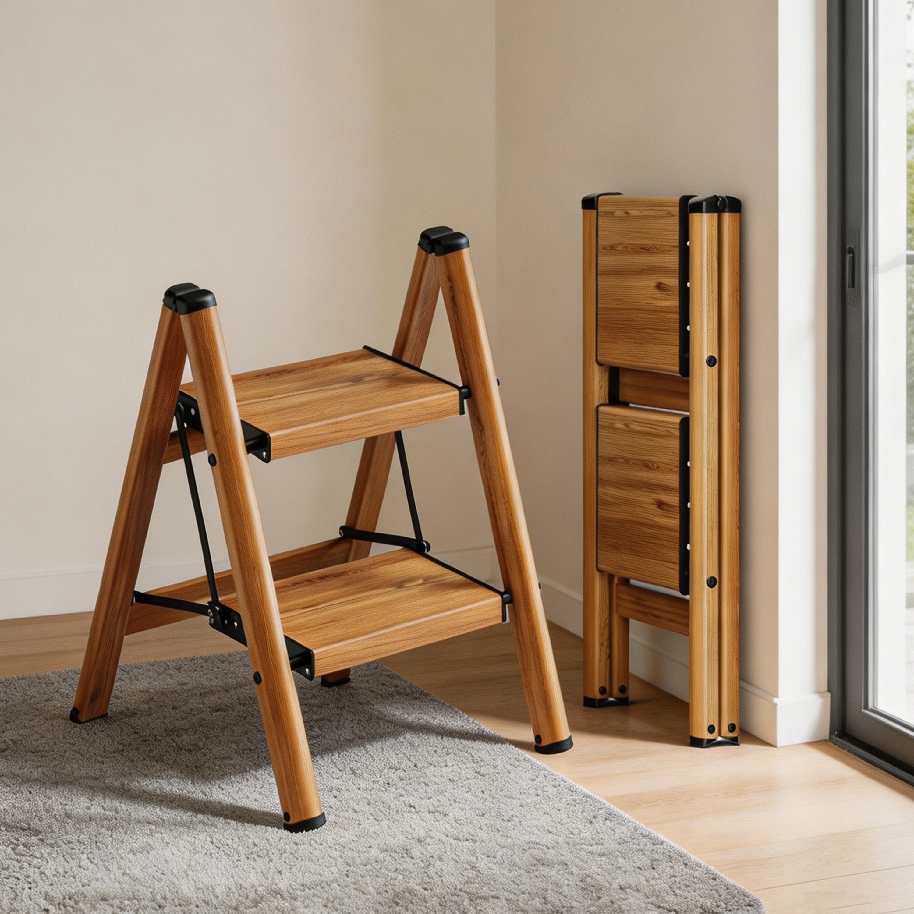 product bamboo step stool 2 step folding ladder space saving foldable step stool for kitchen non slip heavy duty step stool for adults-7