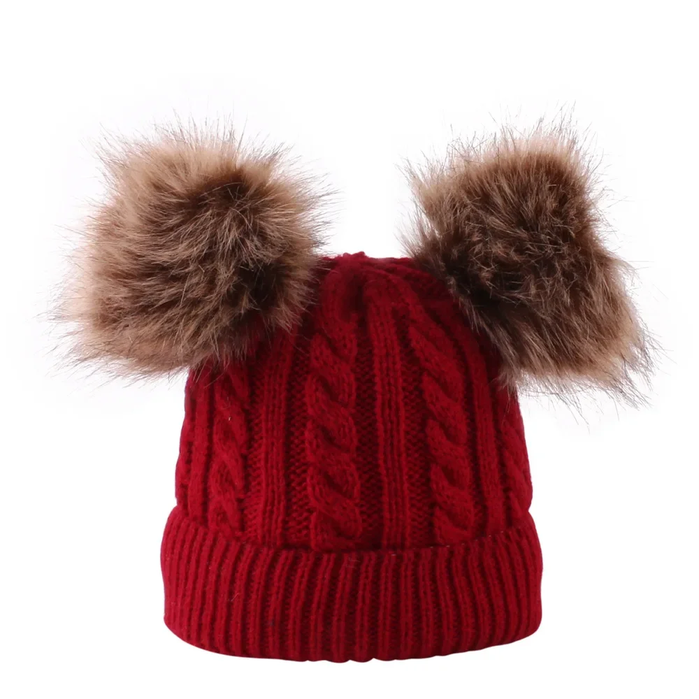 Thick Knitted Beanie With Top Ball Winter Faux Fur Pom Pom Beanie