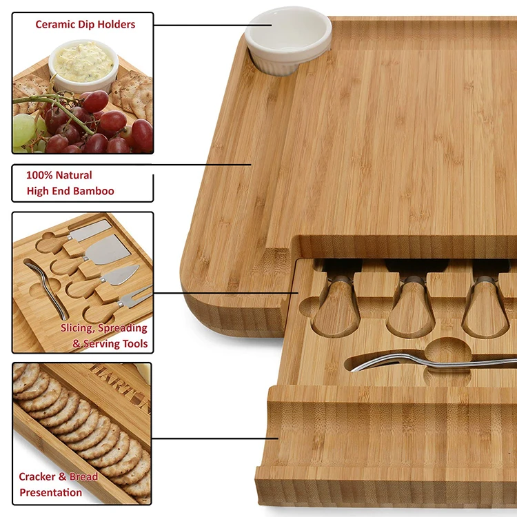 Custom Tray Set Bamboo Cheese Board And Knife Set Wooden Chopping Board Charcuterie Cutting Board Platter with Cutlery