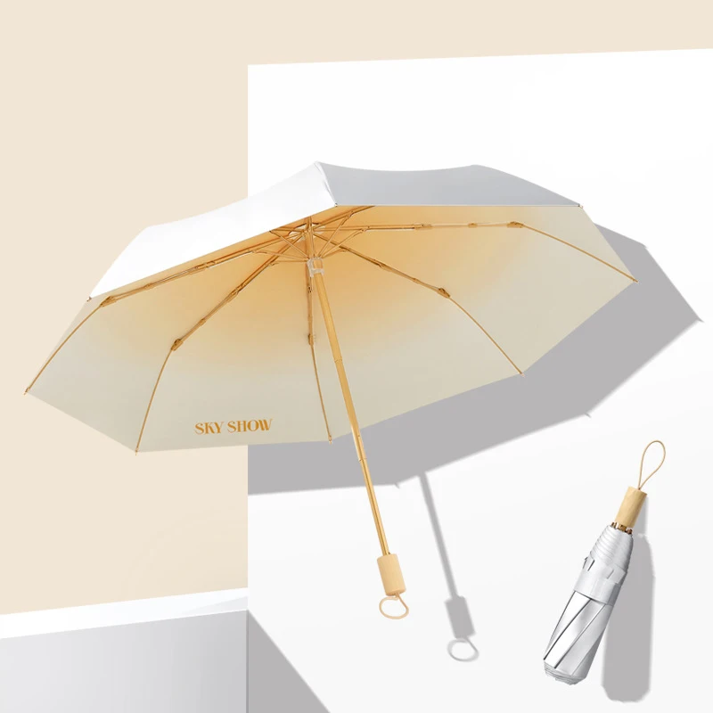 DD1480  Summer Gradient Ramp Umbrella Titanium Silver Coating Parasol Straight Rainy Sun Women Wood Handle UV Umbrellas