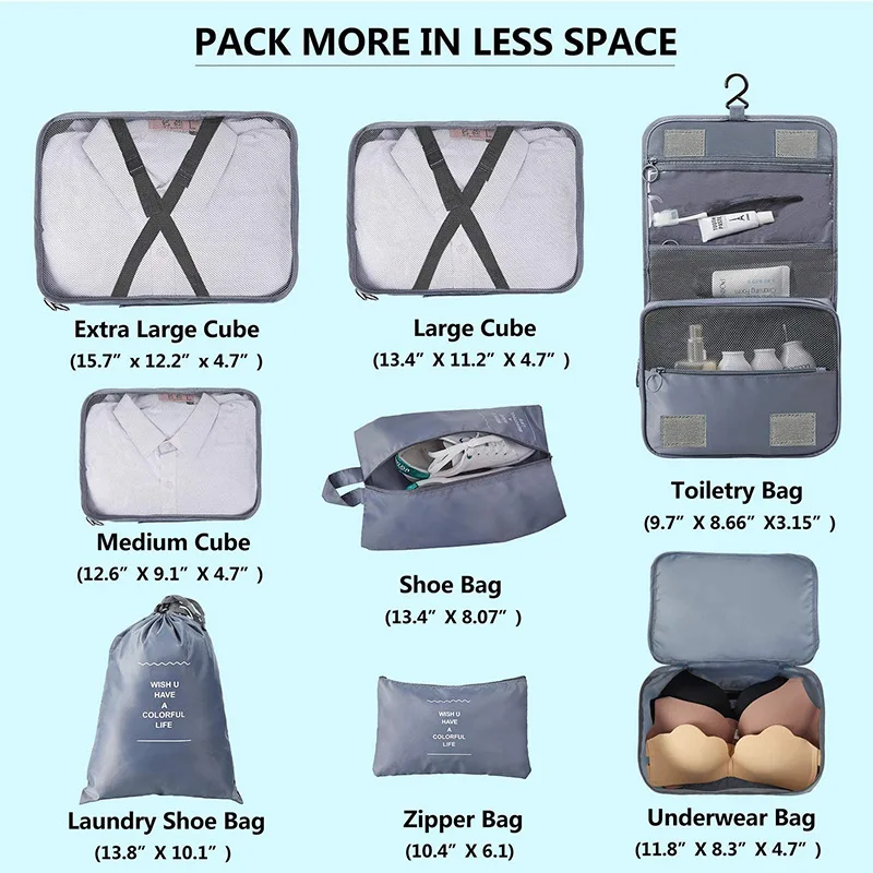 Luggage Storage Bag 8 Pcs Set Travel Organizer Bag For Carry On Suitcases Foldable Travel Cubes Set