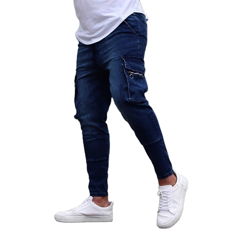 Amazon hot style men's multi-pocket zipper trim stretch men's jeans
