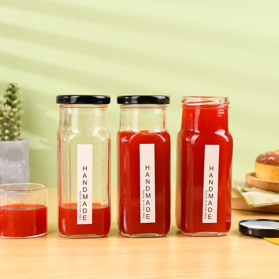 Clear Spice Salt Pepper Sesame Bottle 250ml Square Empty Honey Ketchup BBQ Paste Glass Unique Sauce Bottles with Screw Metal Lid