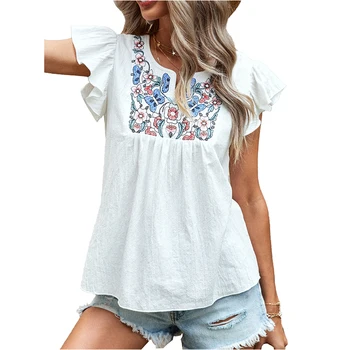 new arrival women's blouse white ruffled sleeve embroidered patchwork cotton ladies blouse tops