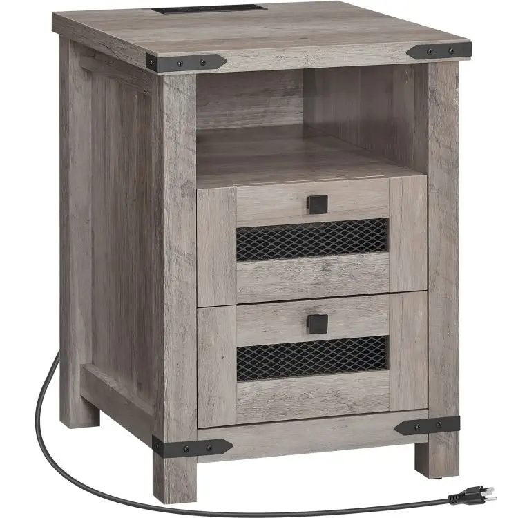 Farmhouse Wooden 1/2 Drawer Bedside Table Wooden Nightstand Bedside End Table With Charging Station And Usb Ports For Bedroom