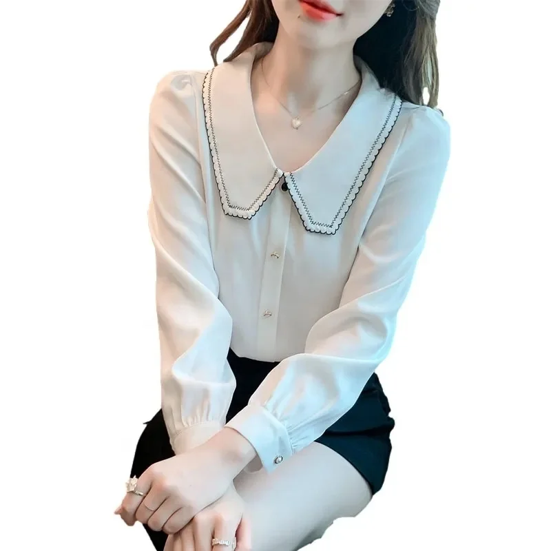 Silk long-sleeved top women's elegant shirt plain color fashion shirt 2023 spring autumn women's loose shirt