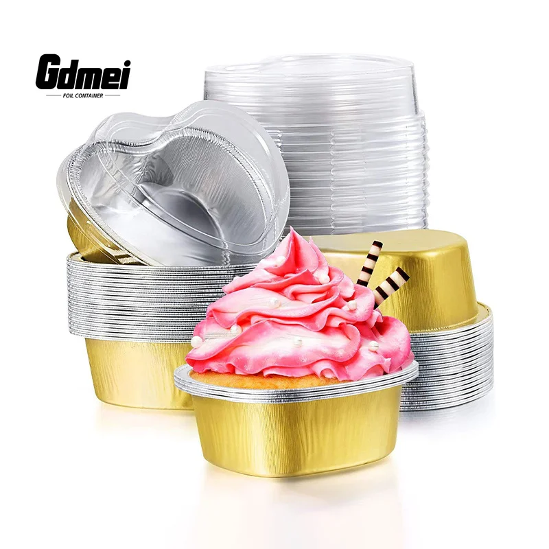 GDMEI Food Grade Valentine's Day 100ml Gold Mini Loaf Pans Heart Shape Aluminum Foil Cake Containers With PET Lids