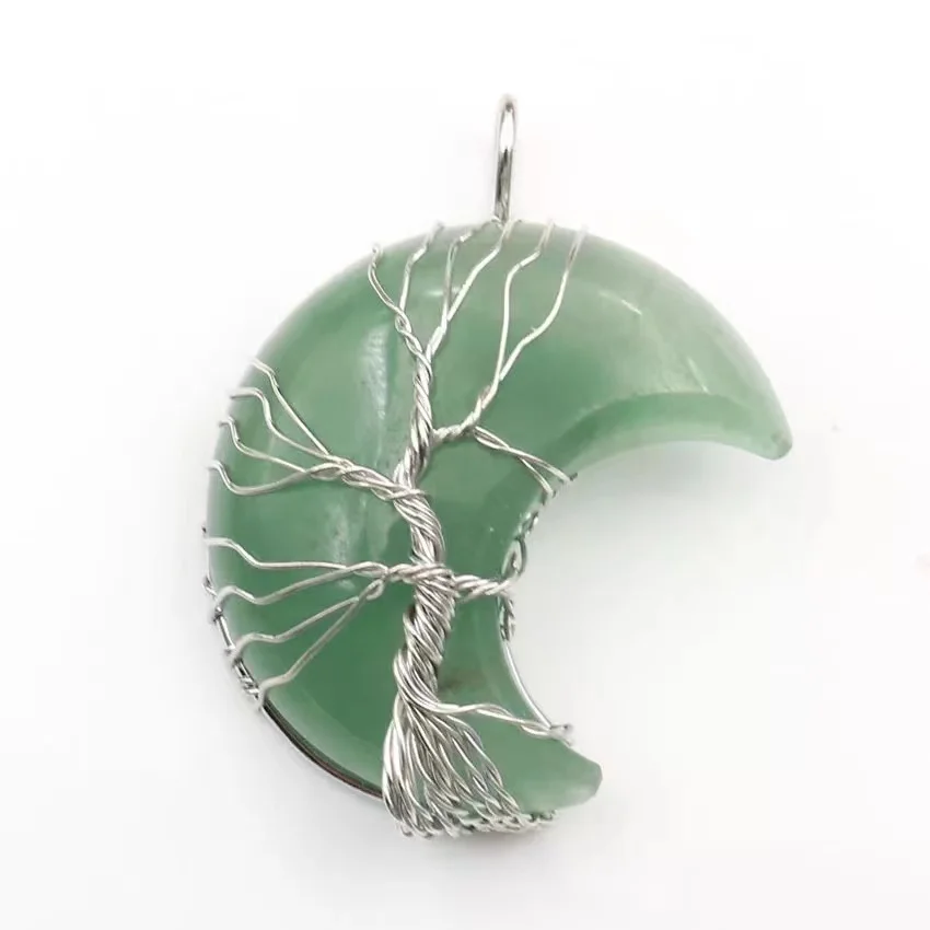 Tree Of Life Wire Wrapped Crescent Moon Pendant Necklace Reiki Healing