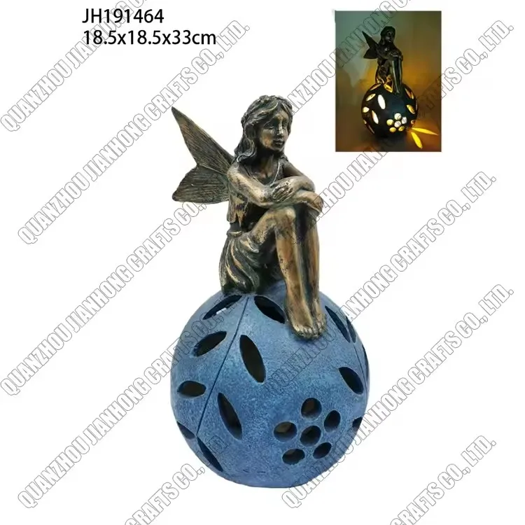 Fairy Cute Figurines Nautical Bronze Resin Sitting Garden Statue Angel with Solar Lights 