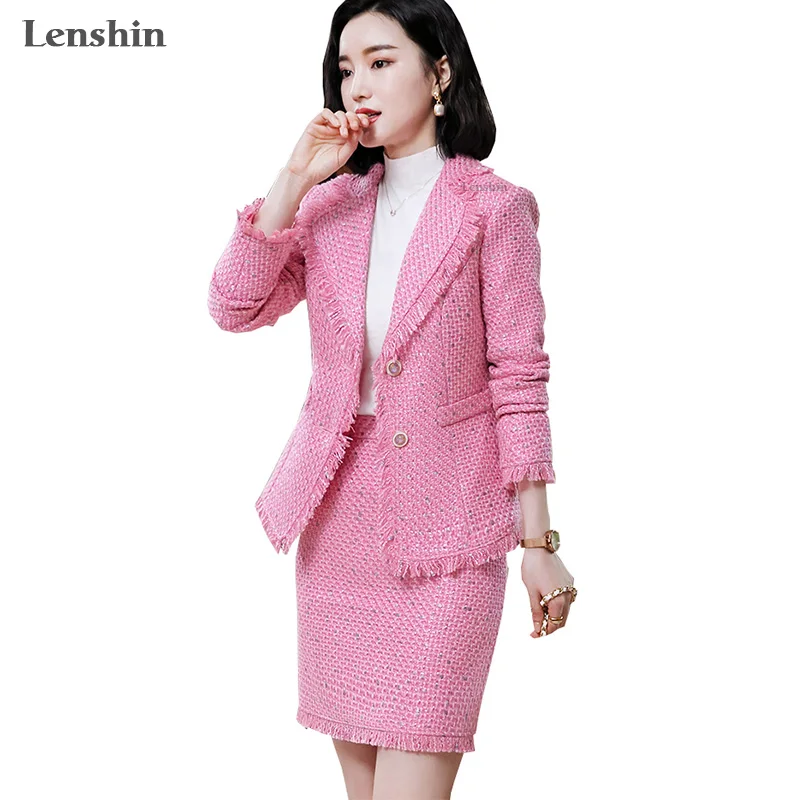 Fashion Women Pink Blazer Skirt Suits 