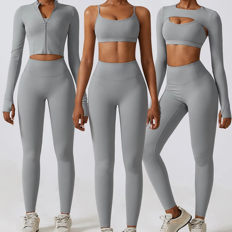 Wholesale 4 Piece 5 Colors Sportswear Long Sleeve Crop Top Yoga Workout Set Women Fitness Clothing Active Wear Gym Sport Sets