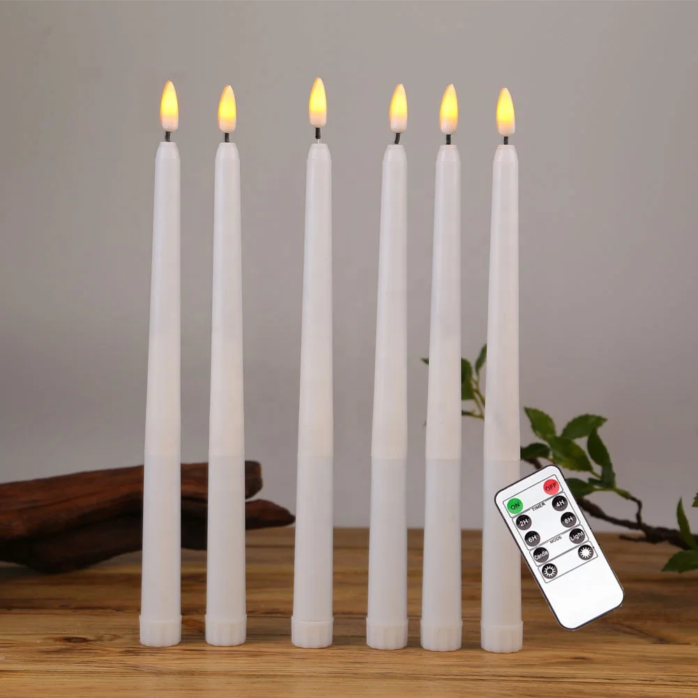 White Flickering Flameless Taper Candles With 10 Key Remote, Battery ...