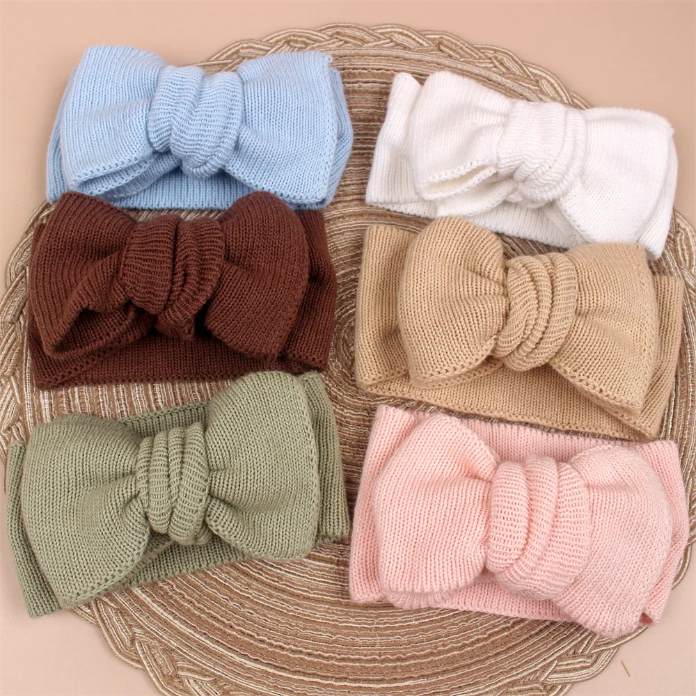 Stock 2023 Ins Hot Selling Children's Hair Accessories Knitted DIY Wool Big Bow Baby Hairband Baby Double Elastic Headband Whole
