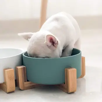 Manufacturer New Design Colorful Bamboo Shelf Eco-friendly Ceramic Pet Water and Food Bowl Feeder