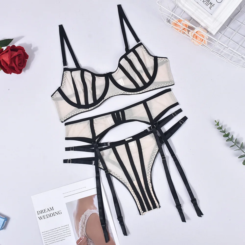 Sexy Lingerie Bow Flora See Through Bra Thong Sets Women Sensual