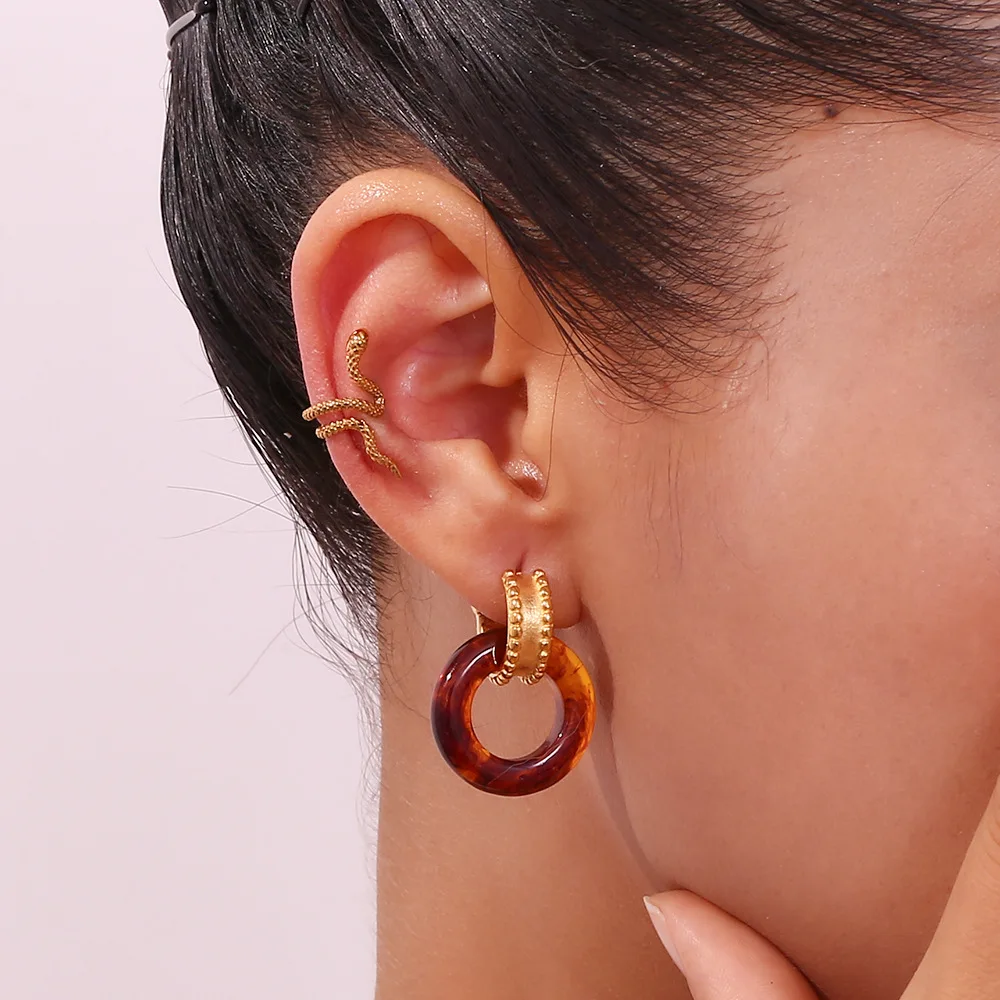 Hip Hop Stainless Steel Gold plated  natural stone small hoop earrings for woman