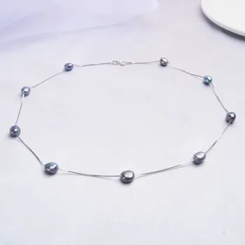 elegant 925 sterling silver box chain natural pearl bead long choker necklace blue light baroque pearl necklace for women gifts