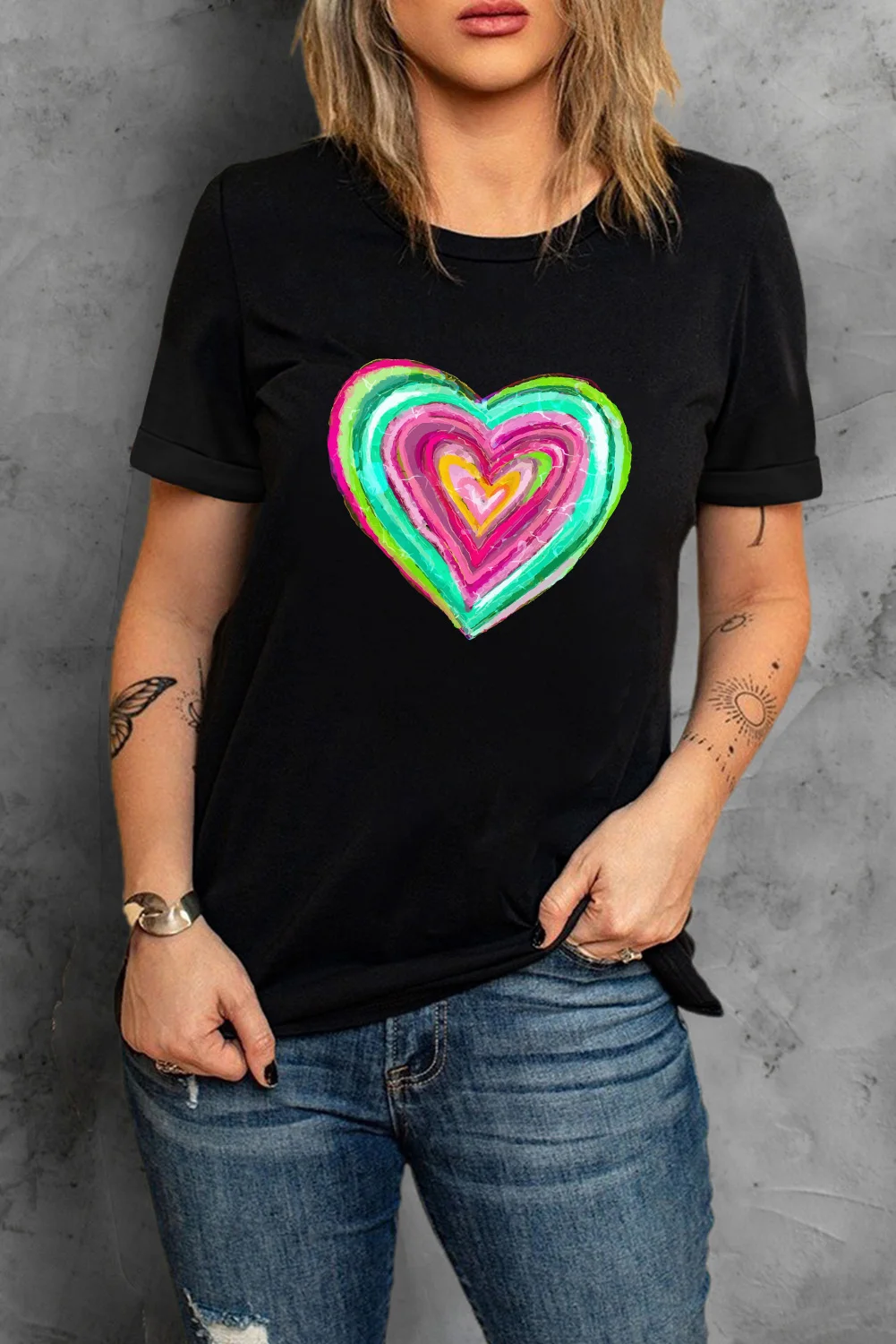 Dear-Lover Black Valentine Heart Shaped Print Crew Neck Girls T-Shirts For Women