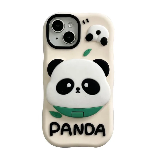 Cartoon Panda Hidden Mirror Holder Silicone Shockproof Protective Phone Cover Case For iPhone 11 12 13 14 15 Pro Ma
