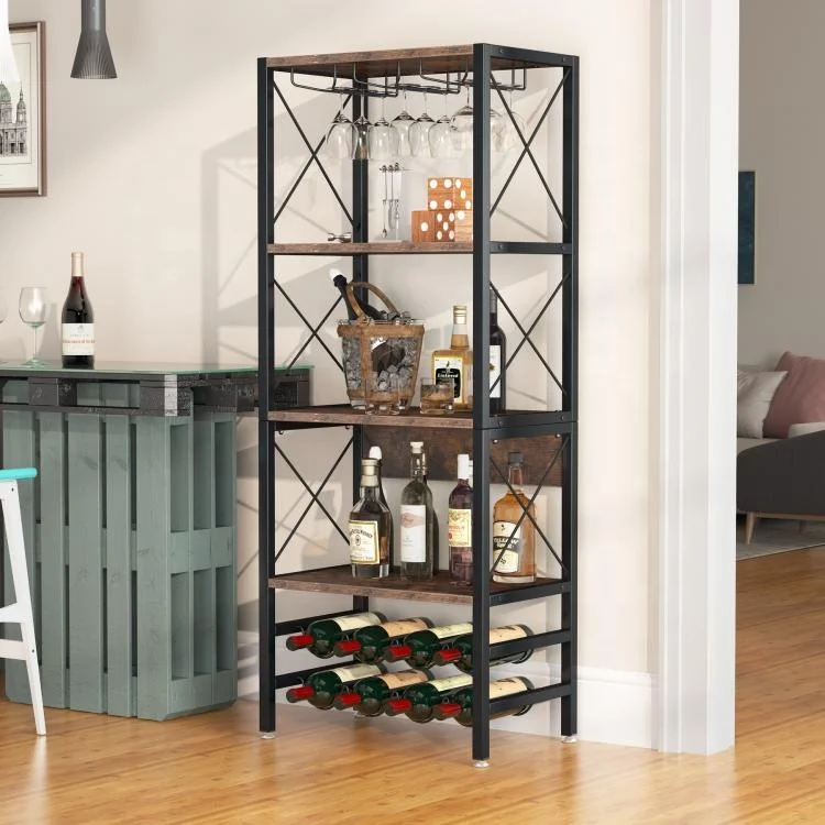Tribesigns Industrial Wine Bakers Rack with Glass Holder and Wine Storage Wooden Wine Cabinet Bar