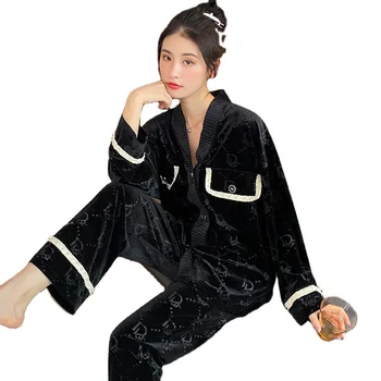 Winter Luxury Sleepwear Women's Fashion Designer Embossing Velvet Pajamas Turn-down Collar Korean Version Living Room Nightwear