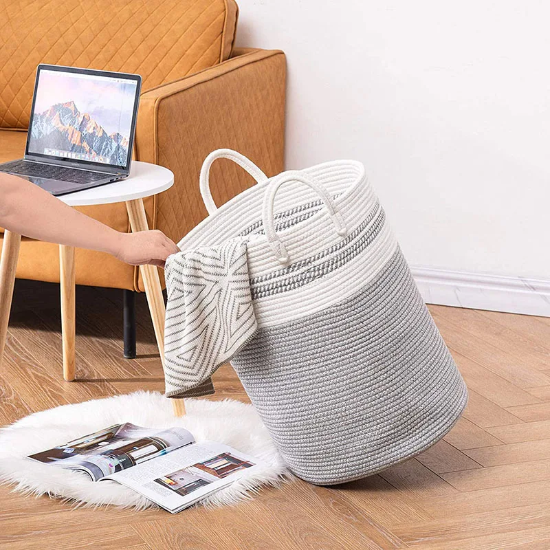 Tall Cotton Laundry Clothes Blanket RATTAN Woven Rope Storage Baskets for Living Room