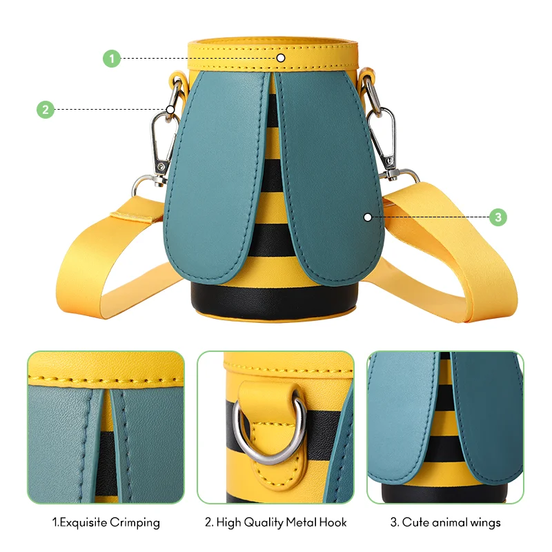New Design High Quality Durable  Leather Water Bottle Bag Holder for Children With Exquisite Crimping