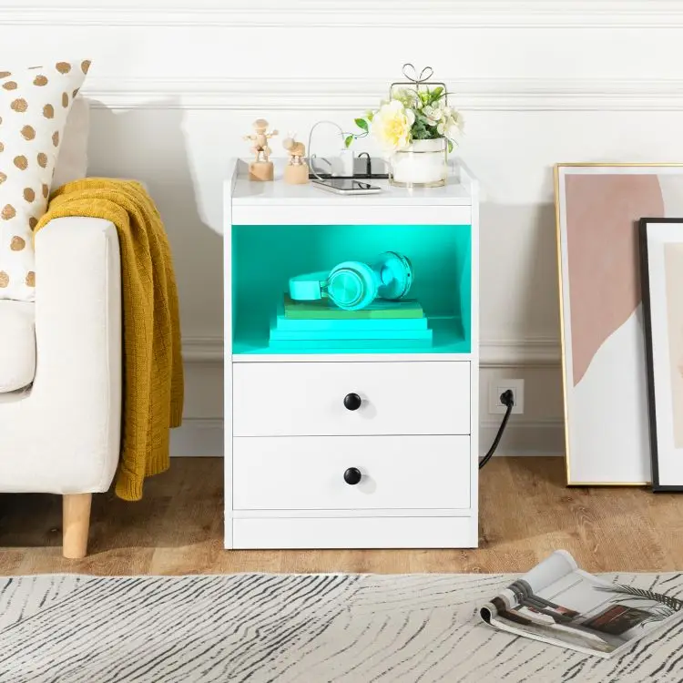 Modern White Wooden 1/2 Drawer Bedside Table Wooden LED Nightstand Bedside Table With Charging Station And Usb Ports For Bedroom