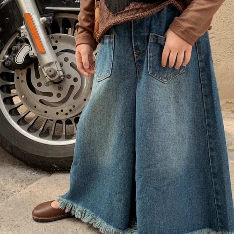 Children's Autumn New Vintage Denim Wide Leg Trouser Skirt Girls' Design Sense Tassel Pants